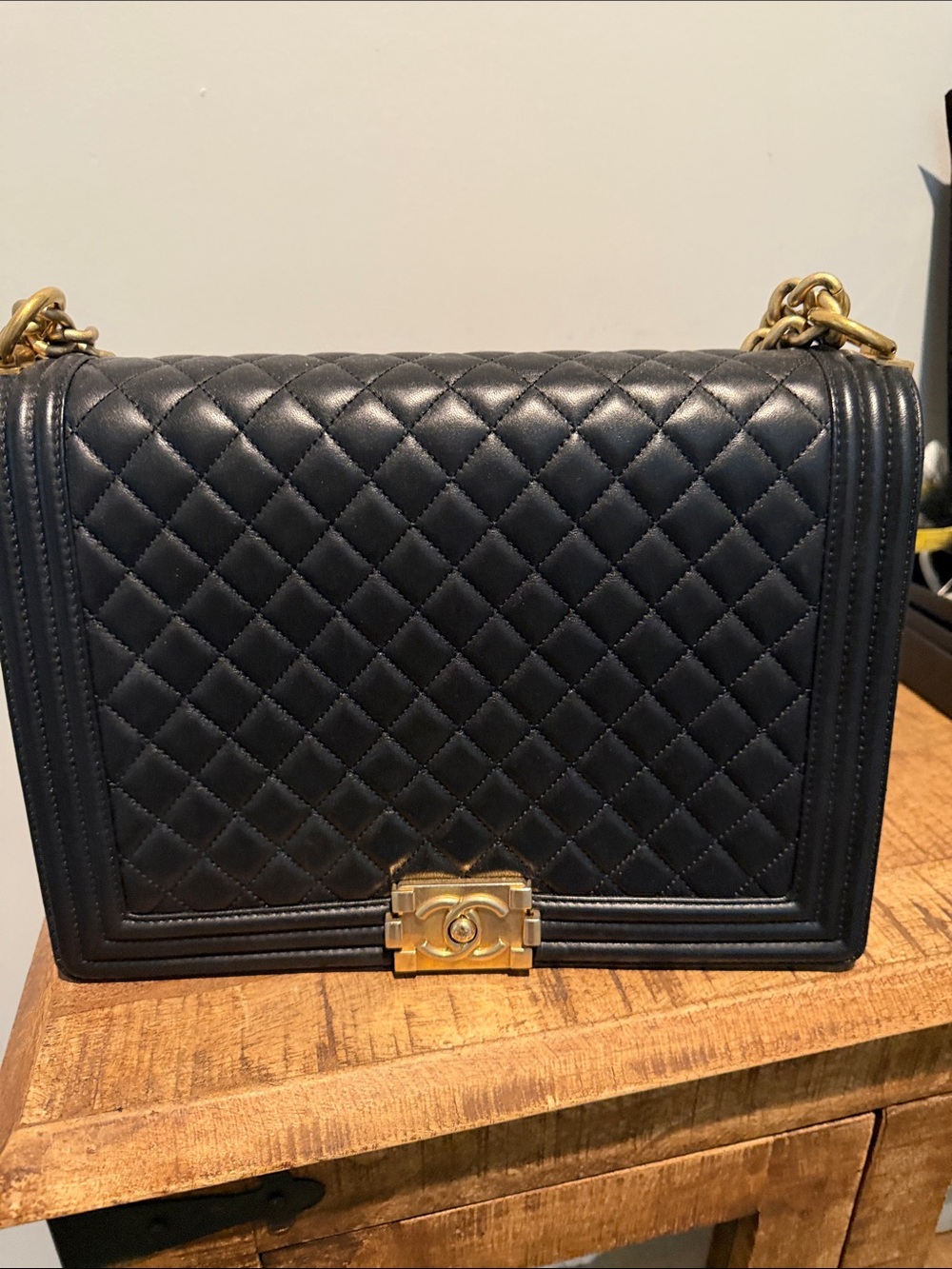 CHANEL Black Quilted Boy Flap Bag with Gold Hardware